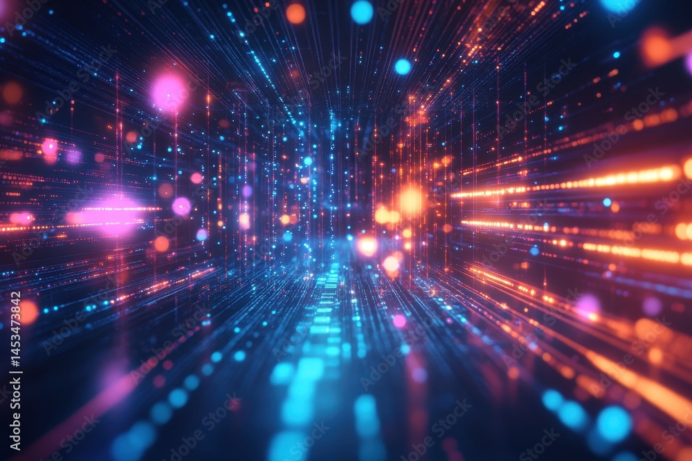 Poster glowing digital data flow with neon light patterns illuminating virtual space, abstract glowing digi