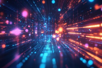 Glowing digital data flow with neon light patterns illuminating virtual space, Abstract Glowing Digital Data Flow with Neon Light Effects