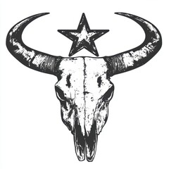 Distressed Bull Skull and Star Illustration in Black and White for Western Art