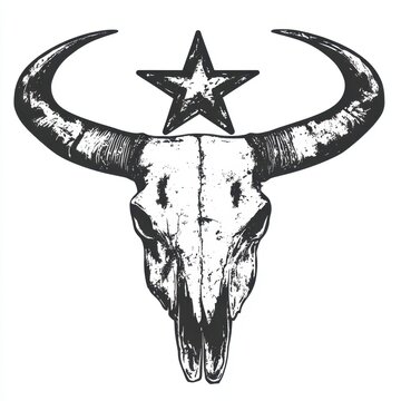 Distressed Bull Skull and Star Illustration in Black and White for Western Art