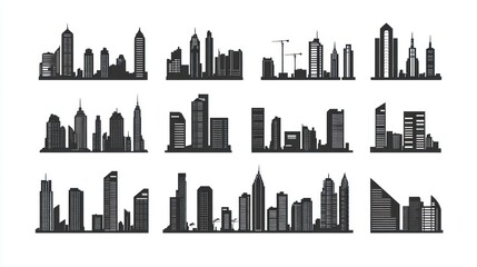 Fototapeta premium Cityscape silhouettes; urban skylines; various building designs; background is white; website design