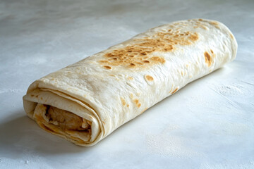 A burrito on a white surface.