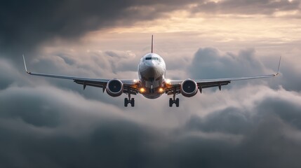 Naklejka premium A commercial airplane climbs through the clouds, symbolizing progress and human ambition in aviation. 