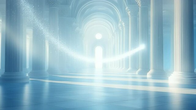 Towering pillars of pure white light, forming a corridor reminiscent of a futuristic cathedral. Faint luminous dust motes swirl around