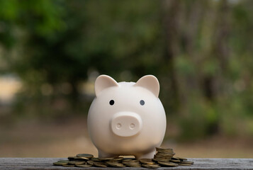 A cute piggy bank surrounded by coins, symbolizing saving money and financial management in a...