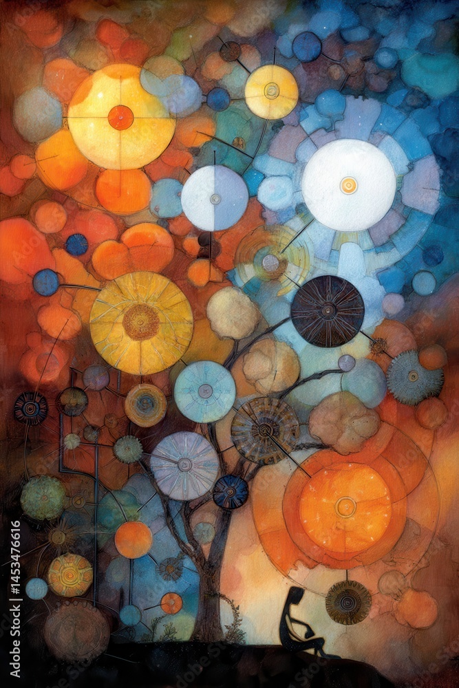 Poster cosmic enlightenment and awakening journey through vibrant abstract universe with colorful orbs and 