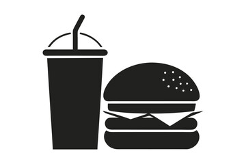 Hamburger and Soda Icon on Black and White Vector illustration