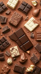 Chocolate Assortment Dark, White, Milk Chocolate Bars and Pieces on Cocoa Powder Background