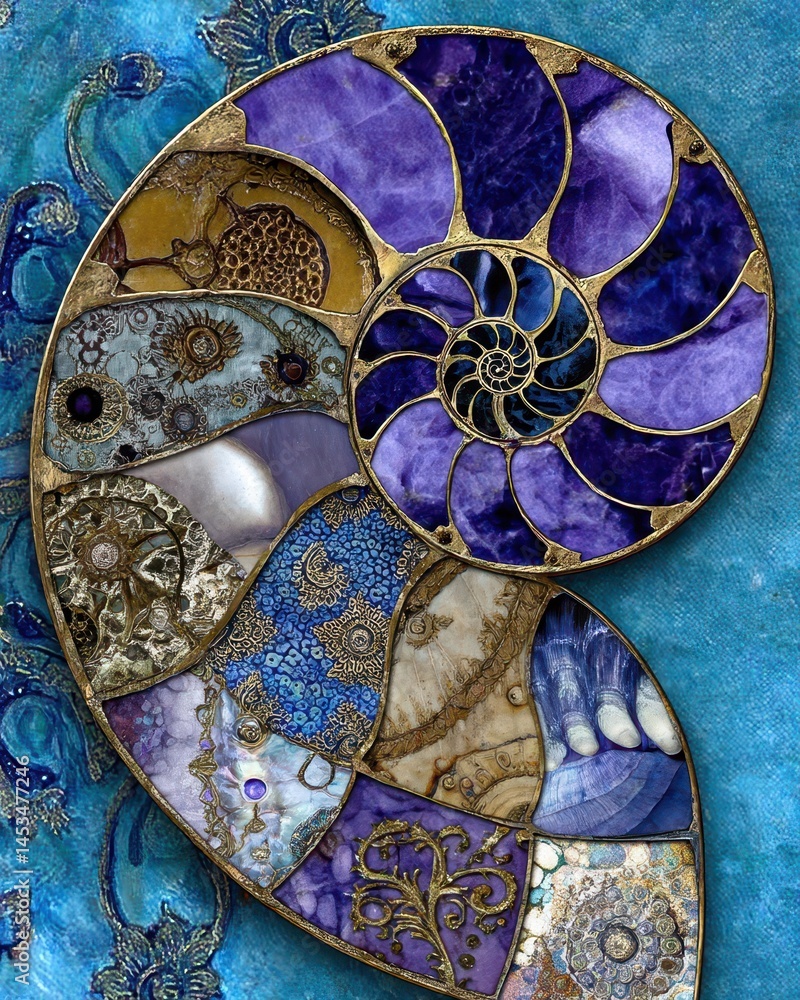 Poster cosmic enlightenment awaits: a detailed close-up of a colorful nautilus shell design in vibrant text