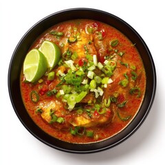 Delicious Thai Fish Curry with Lime and Spring Onions in Black Bowl