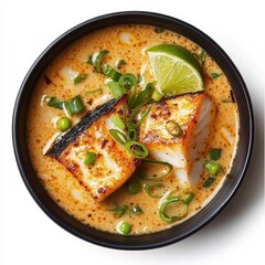 Delicious Tom Kha Soup with Seared Fish and Lime in a Black Bowl