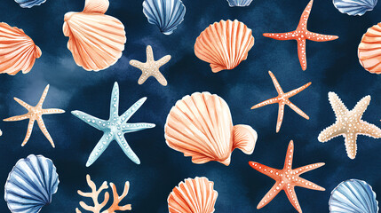 seamless pattern with blue shells starfish coral underwater ocean marine elements for nautical summer design watercolor 