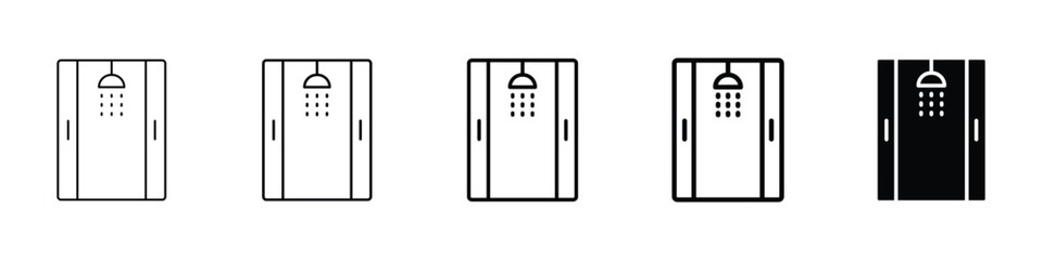 Set of 5 pixel perfect Shower cabin bathroom icon with 1 unexpanded, 1 silhouette, A shower enclosure icon featuring glass panels and a showerhead.