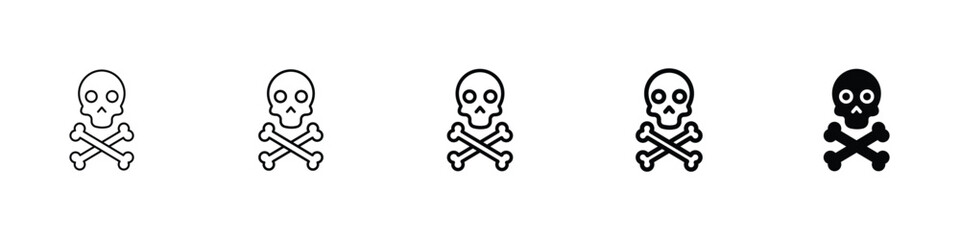 Set of 5 pixel perfect Crossbones skull icon with 1 unexpanded, 1 silhouette, A classic pirate skull and crossbones symbol icon.