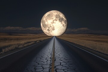 A desolate highway stretching into the horizon, surrounded by vast dried grass fields under a dark sky. 