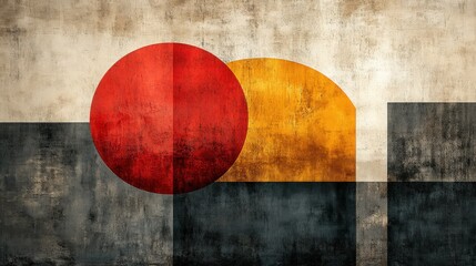Modern artistic abstract composition, red and yellow circles on grungy background