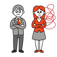 Grey haired man and redhead woman stand frustrated with crossed arms and tangled thoughts