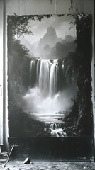 Monochromatic landscape painting of a waterfall cascading through a lush, mountainous jungle