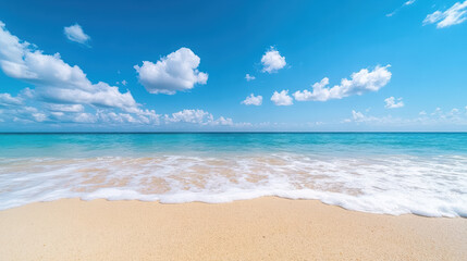 Serene beach scene with gentle waves lapping shore bright blue sky filled with fluffy clouds