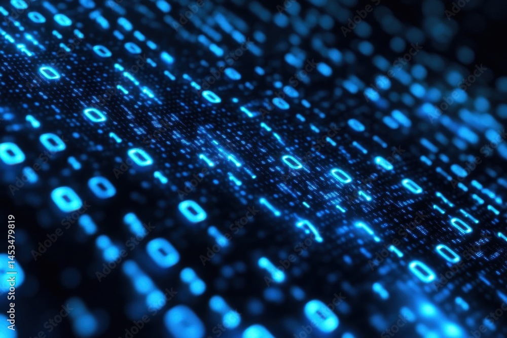 Fototapete Digital matrix background with cascading binary code in vibrant blue tones, Animated background in digital matrix style with cascade of blue binary numbers on black background