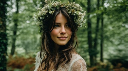 Naklejka premium boho bridal look with floral crown and natural makeup