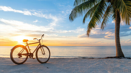 Obraz premium Bicycle rests on sandy beach under palm tree at sunset, creating serene atmosphere