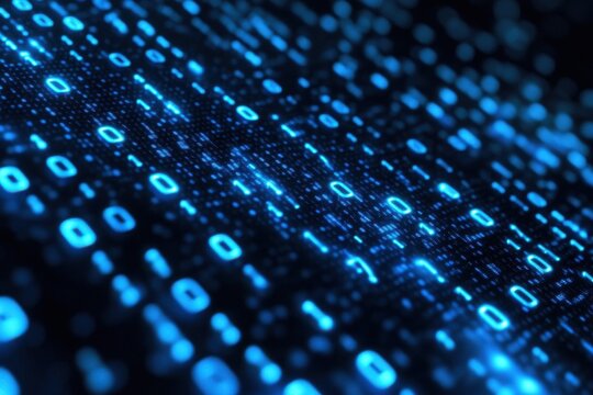 Digital matrix background with cascading binary code in vibrant blue tones, Animated background in digital matrix style with cascade of blue binary numbers on black background - Powered by Adobe