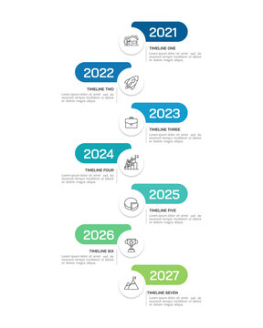 Business timeline 7 years. Vertical Infographic design template for business. Milestone, Anniversary, Planning, and Roadmap. Vector illustration.