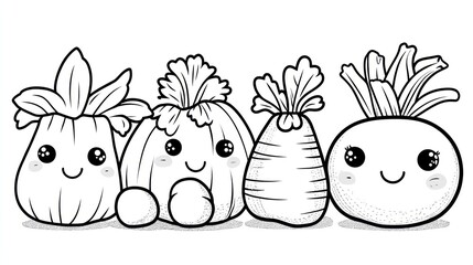 Fototapeta premium Cute cartoon vegetables, coloring page, white background, healthy food