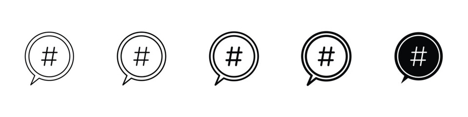 Set of 5 pixel perfect Hastag icon with 1 unexpanded, 1 silhouette, A stylized hashtag symbol used in social media contexts.