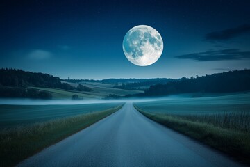 A quiet country road stretching through rolling hills, bathed in the soft glow of a massive full moon. 