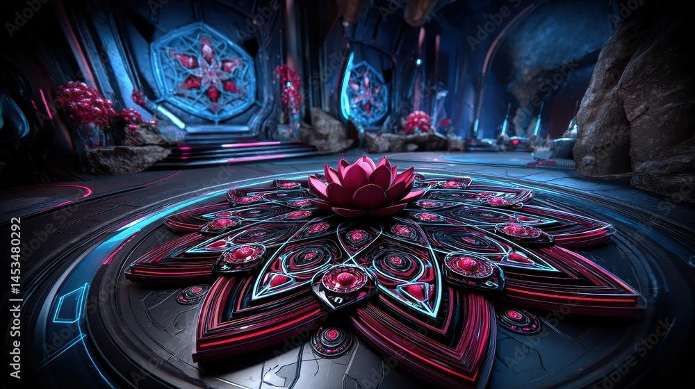 Poster cosmic enlightenment: a vibrant journey through awakening in a mystical temple setting with intricat