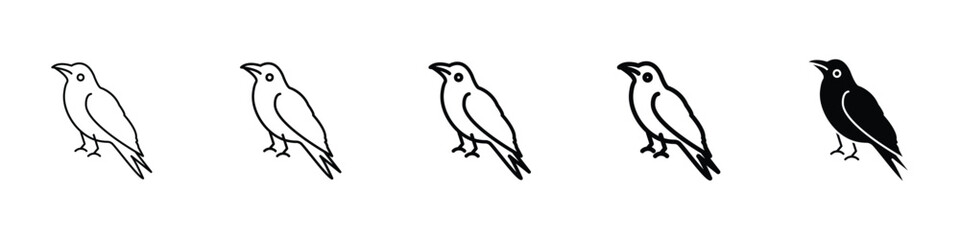 Fototapeta premium Set of 5 pixel perfect raven icon with 1 unexpanded, 1 silhouette, A perched raven bird icon in profile with sharp beak and feathers.