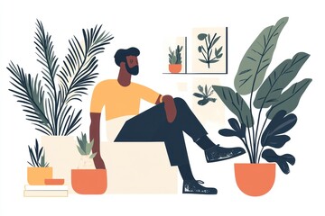 Man relaxes amidst plants; indoor scene