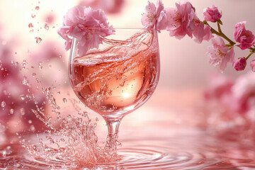 Glass of wine with pink flowers in background.