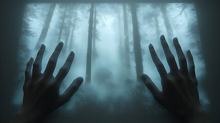 Two hands reach out from a window, desperate to escape the eerie fog-shrouded forest beyond