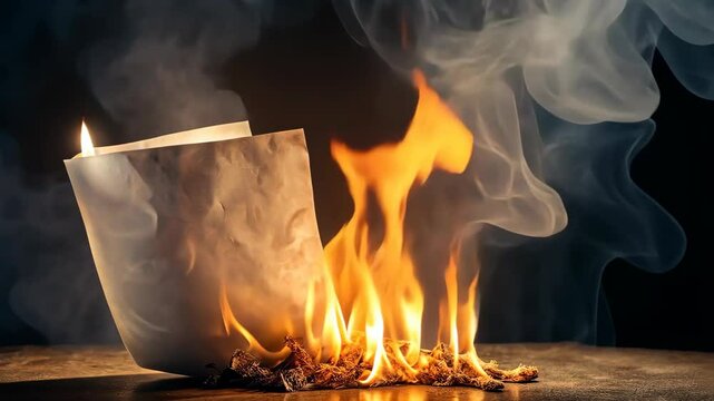 White paper slowly burns next to a pile of burning kindling, emitting smoke.