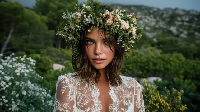 bride in lace boho dress with floral crown in natural setting