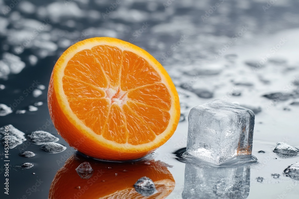 Poster fresh orange half with ice cube on shiny surface creates a refreshing summer vibe, half orange with 