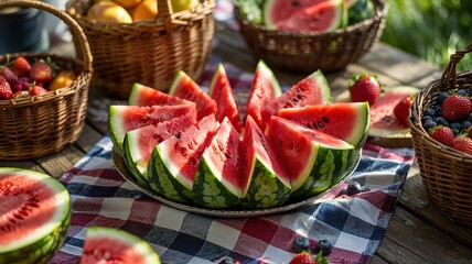 Sliced Watermelon on Silver Platter with Berries and Wicker Bask