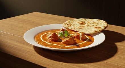 Fototapeta premium Serving of Indian Curry with Bread on a White Plate