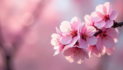 Delicate pink cherry blossoms, full bloom, soft petals , branch, springtime, flower