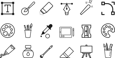 Creative Design Tools Line Icons – Vector Set of Art and Drawing Equipment Including Pen, Brush, Palette, Eraser, Tablet, Ink, and Pencil for Graphic Design, UI, and Illustration Projects