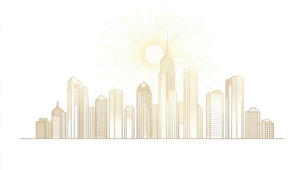Fototapeta premium Sunny city skyline, urban landscape, sunrise, minimalist design, website banner