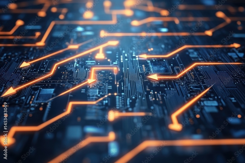 Poster detailed view of a vibrant computer circuit board showcasing interconnected lines and arrows, classi