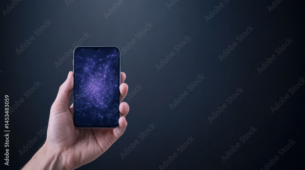 Poster hand holding smartphone displaying digital network visualization on screen