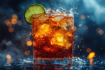 Glass of cola with ice and lime.
