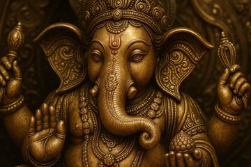 Obraz premium Magnificent Golden Ganesha Statue: Intricate Detail and Spiritual Aura