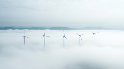 Ethereal wind turbines rise above sea of clouds, creating serene and tranquil atmosphere