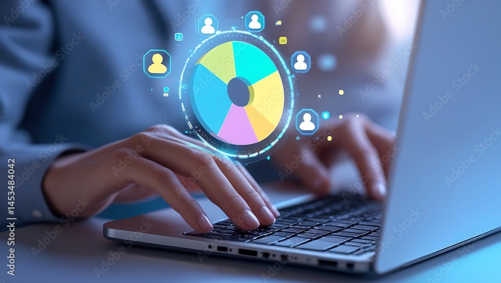 Poster person using laptop analyzing data pie chart with customer demographics